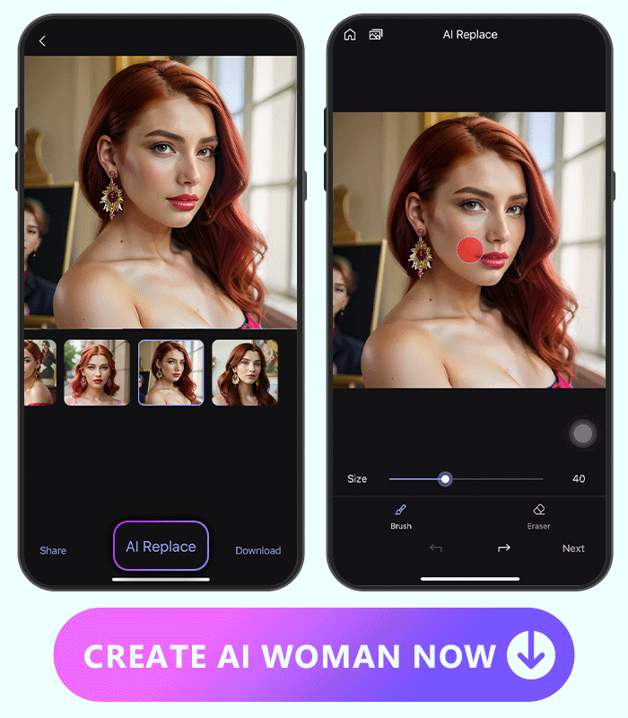 process of using AI Replace to add a necklace to the AI woman image